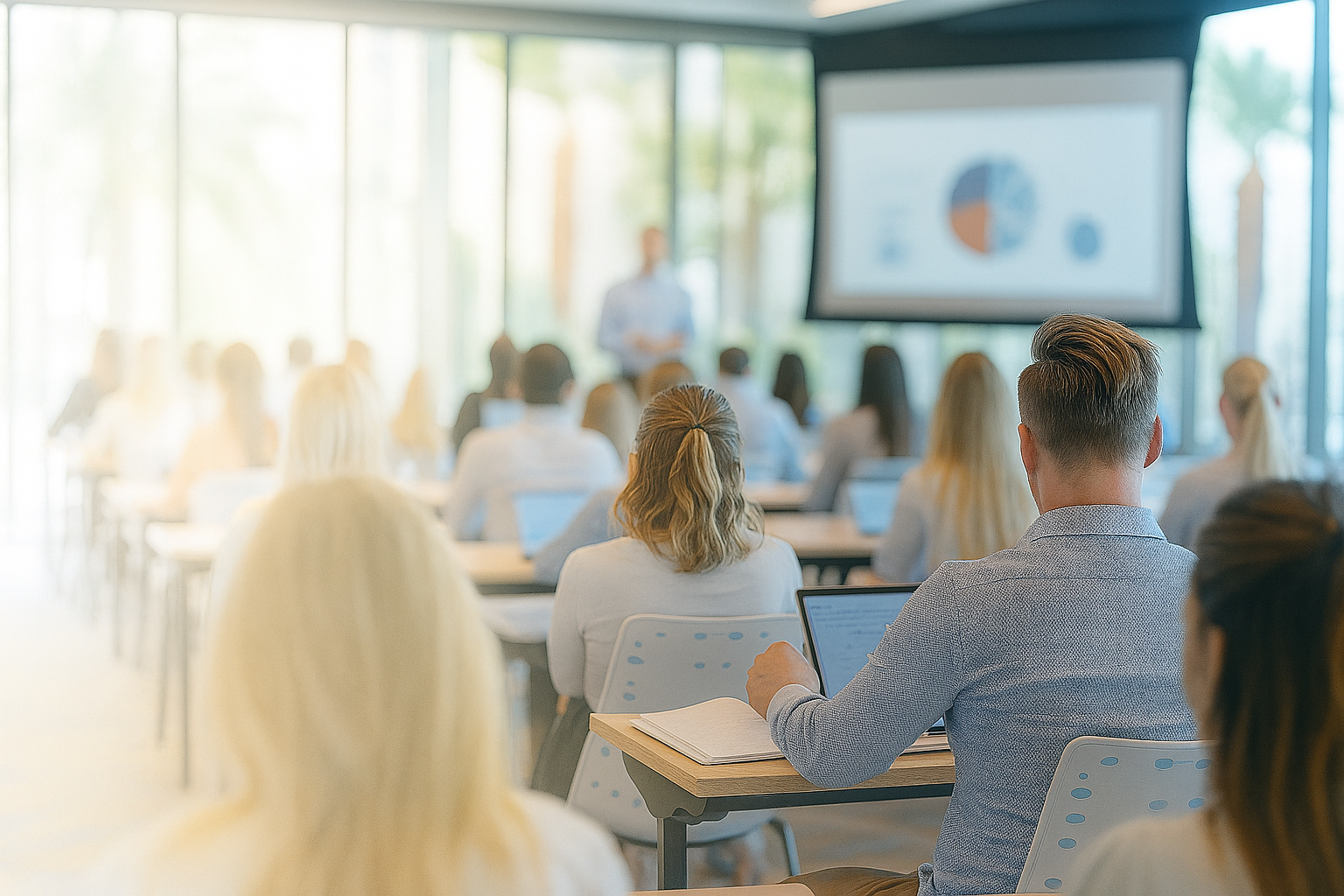 Professional learning environment with attendees focused on laptops and materials in a bright modern conference room
